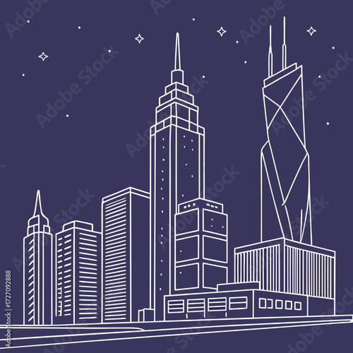 A minimalist white line art illustration of the iconic chicago skyline at night with stars in the deep purple sky showcasing distinct architectural styles