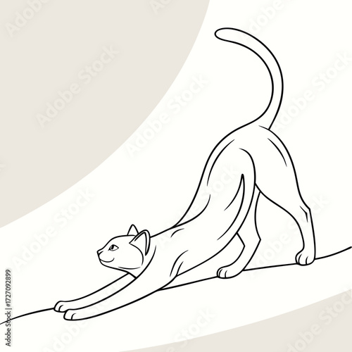 A minimalist line art illustration of a sleek cat stretching its body with its front paws extended forward and hind legs bent