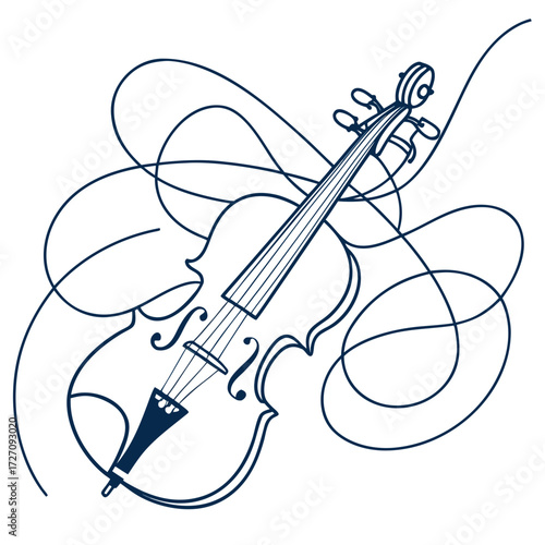 Elegant single line drawing of a cello with flowing musical notes and abstract curves creating a sense of movement and harmony