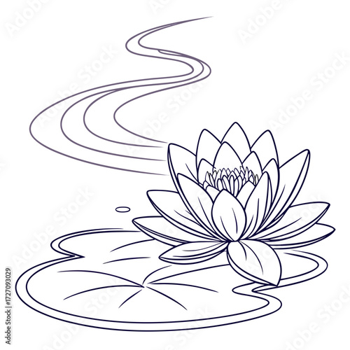 Elegant single line drawing of a blooming water lily flower resting on a lily pad with stylized water ripples flowing gently in the background representing tranquility and natural beauty