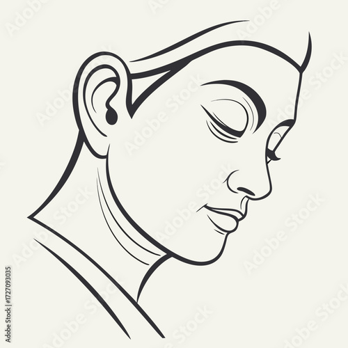Elegant minimalist line art illustration of a serene woman s profile with closed eyes and a gentle smile conveying peace and contemplation