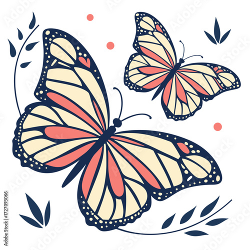 Two stylized monarch butterflies with cream coral and navy blue coloring flutter gracefully amidst delicate navy blue leaves and soft coral dots on a clean white background