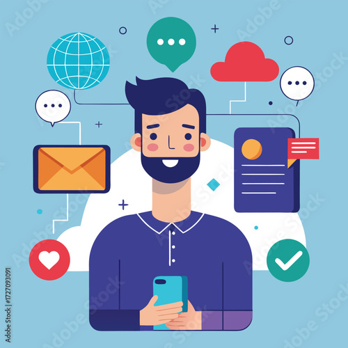 A modern individual immersed in the digital world, surrounded by icons representing global connectivity, communication, cloud storage, and social media engagement.