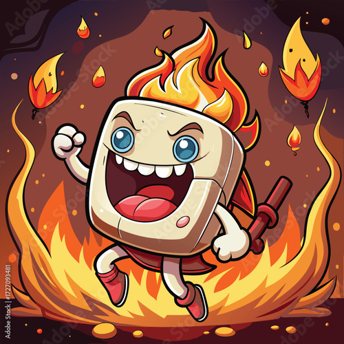 A cartoon marshmallow character with a wide, excited grin and blue eyes is engulfed in flames. Its arms are raised in a triumphant pose, surrounded by fire and embers.