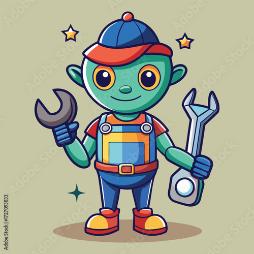 An adorable green alien mechanic, dressed in blue overalls and a cap, cheerfully holds two wrenches. This charming character is ready for any repair job.