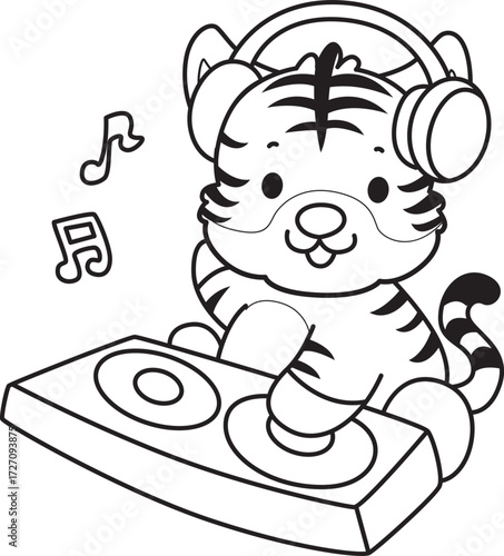 Coloring book of cute tiger character vector clip art for children.  