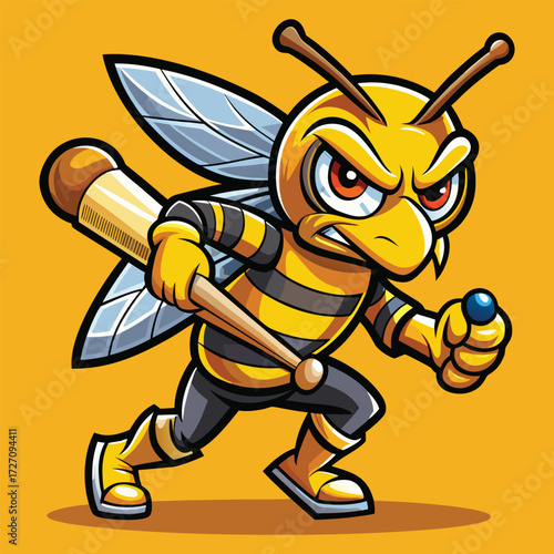 An aggressive cartoon bee character dressed in sporty attire, wielding a baseball bat and ball. This image captures a powerful and determined insect ready to play.