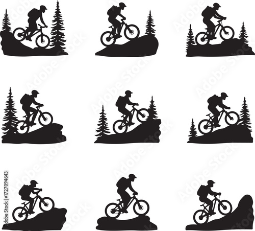 Mountain biker silhouette on rocky terrain with pine trees