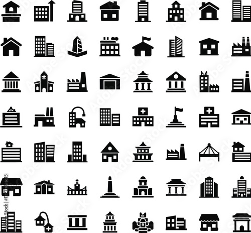 Collection of diverse building icons for design and web applications