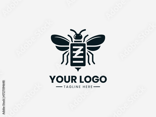 Creative battery bee vector logo with electric wings and power symbols for energy company branding