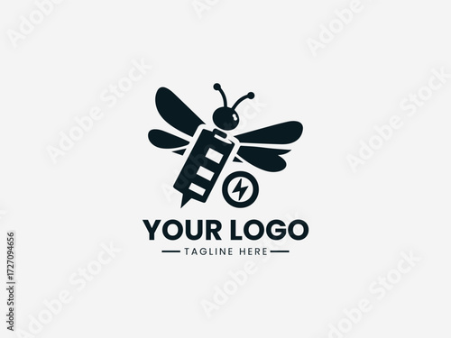 Creative battery bee vector logo with electric wings and power symbols for energy company branding