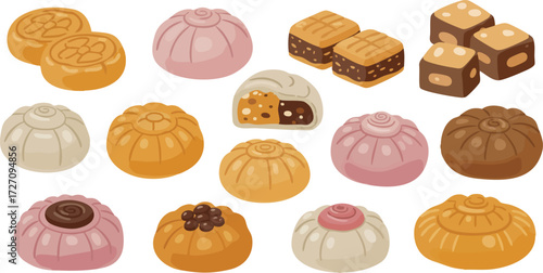 Assorted mooncakes, traditional Chinese pastries for Mid-Autumn Festival.