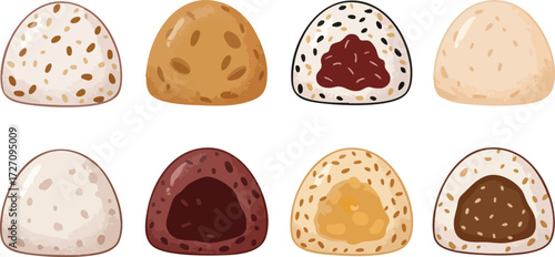 A collection of various Japanese mochi and rice cakes with different fillings and toppings, presented as an illustration.
