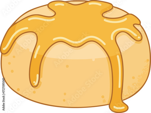 A close-up illustration of a sweet, golden-brown pastry with a generous drizzle of caramel.