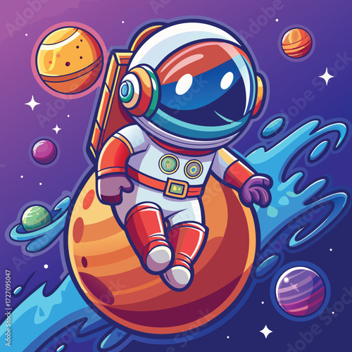 A cute cartoon astronaut in a white and red suit drifts through a vibrant purple and blue cosmic scene, surrounded by colorful planets and swirling nebulae, inspiring wonder.