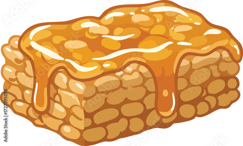 A piece of honey-covered granola bar, angled view, showing the sugary topping.