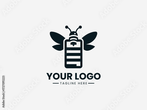 Creative battery bee vector logo with electric wings and power symbols for energy company branding