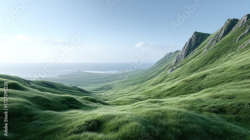 Lush Green Rolling Hills Overlooking the Ocean with Blue Sky Dramatic Landscape View of Overgrown Hillside in Bright Daylight Environment