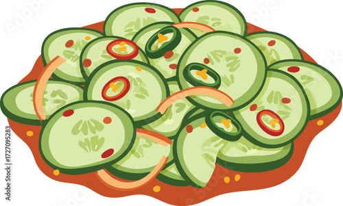Illustration of a cucumber salad with chili peppers and onions.