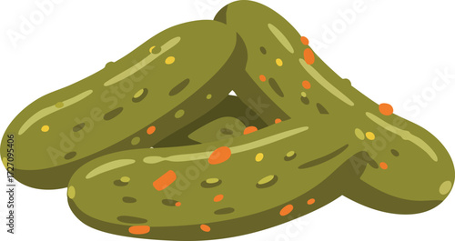 A pile of three green pickles with visible spices and seasonings, presented in a cartoonish illustration style.