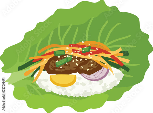 Lettuce wrap with rice, meat, vegetables, and sesame seeds.