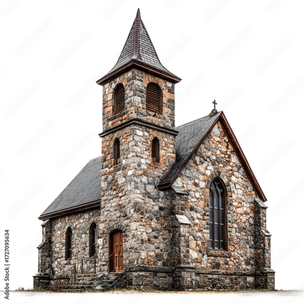 Fototapeta premium Ancient stone church with bell tower isolated on white background — historic religious building, medieval architecture, old chapel landmark structure