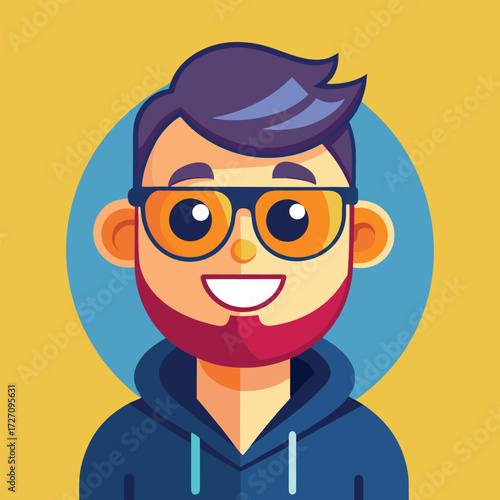 A cheerful cartoon character with a stylish beard, glasses, and a hoodie. This approachable person's friendly smile and vibrant colors make them a perfect profile picture.