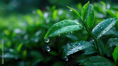 Lush Green Tea Leaves Adorned with Water Droplets in Cinematic Style