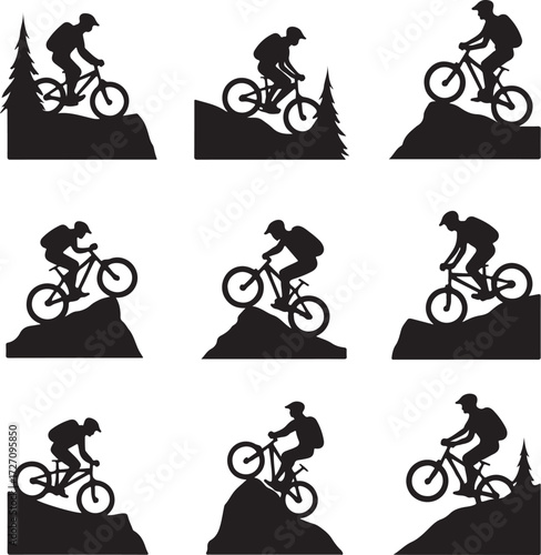 Mountain biker silhouettes descending rocky terrain