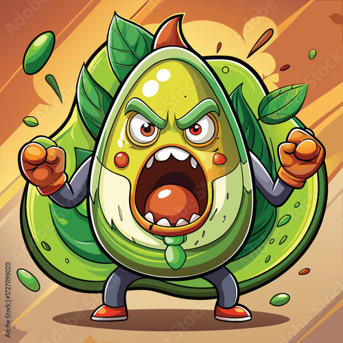 A fierce cartoon avocado character with an angry face and clenched fists is depicted in a dynamic pose. The vibrant image captures a powerful and aggressive fruity fighter.
