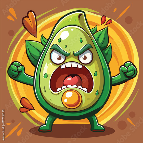 A highly detailed cartoon image of an angry avocado character. Its mouth is wide open in a roar, revealing sharp teeth. Its arms are raised in a threatening pose, and small heart shapes float around.