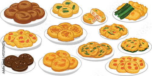 An illustrated collection of various traditional Korean savory pancakes, known as jeon, served on white plates.