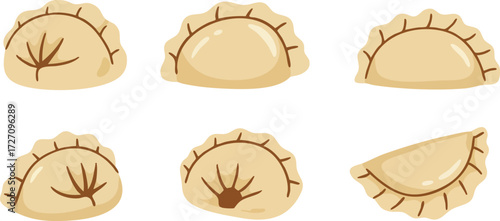 A collection of six cartoon-style dumplings, some with decorative lines suggesting filling, arranged in two rows on a white background.