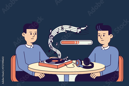 Two men listening to music from a record player, a digital music loading bar between them.