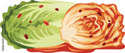 Illustration of two napa cabbage heads, one whole and green, the other cut open revealing spicy red kimchi.