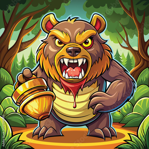 An anthropomorphic bear with an aggressive expression clutches a honey pot, standing ready for action amidst a vibrant forest setting, evoking a sense of adventure and wild nature.