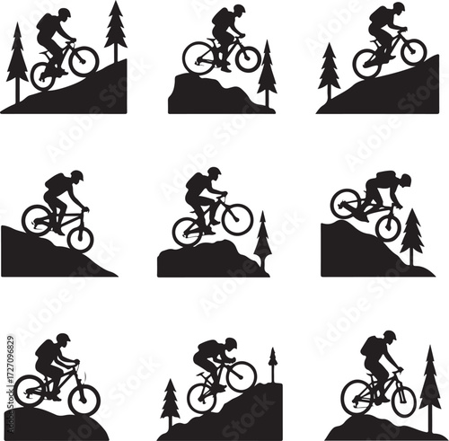 Mountain biker silhouettes on hills with trees mountain biking