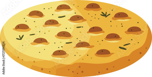 A simple cartoon illustration of a whole round pizza or focaccia bread with toppings and herbs.