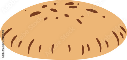 Close-up of a round, light brown bread with dark brown seeds.