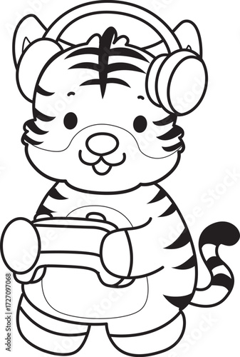 Coloring book of cute tiger character vector clip art for children.  