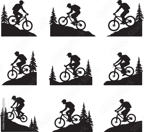 Mountain biker silhouettes on hilly terrain with pine trees