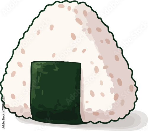 A close-up illustration of a triangular onigiri rice ball with nori seaweed wrap.