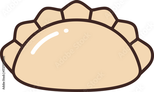 A simple, cartoon-style illustration of a single, light brown dumpling with crimped edges, often associated with Asian cuisine.
