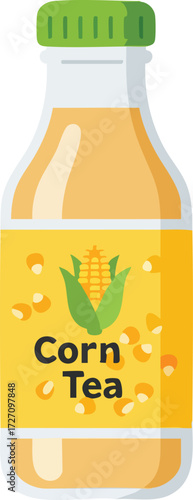 Vector illustration of a bottle of corn tea with a green cap and a yellow label on a white background.