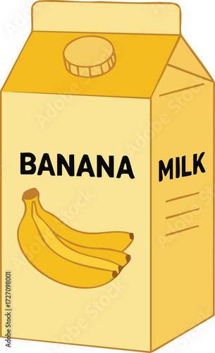 Cartoon illustration of a carton of banana milk with bananas on it.