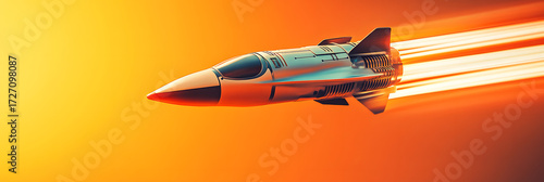 A spaceship traveling at the speed of light - illustrating the concept of interstellar travel in the future wide banner - orange background