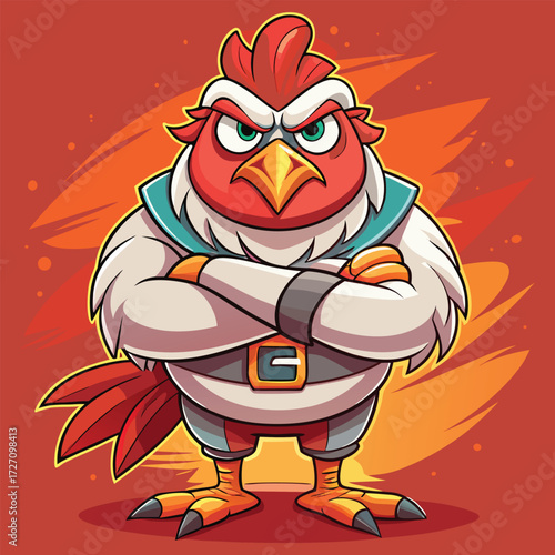 A vibrant cartoon illustration of a tough-looking rooster with a stern expression and arms crossed. This determined fowl is perfect for designs needing a bold and confident character.