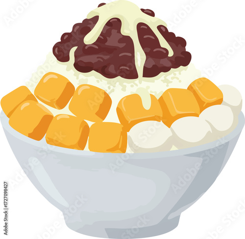 A vector illustration of a bowl of Asian shaved ice dessert, topped with red bean paste, mango cubes, and mochi.