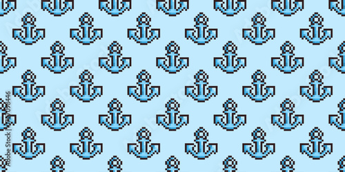 Seamless pattern of pixel anchors on a soft blue background. Retro pixelated design perfect for nautical, marine, or summer themes. Great for textile prints, web projects, or retro-inspired graphics.