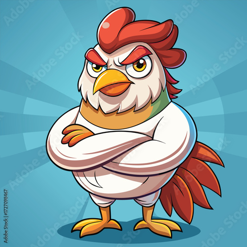 A characterful, grumpy rooster with folded arms stands confidently. This anthropomorphic fowl sports a feathered headdress and appears ready for action with its stern expression.